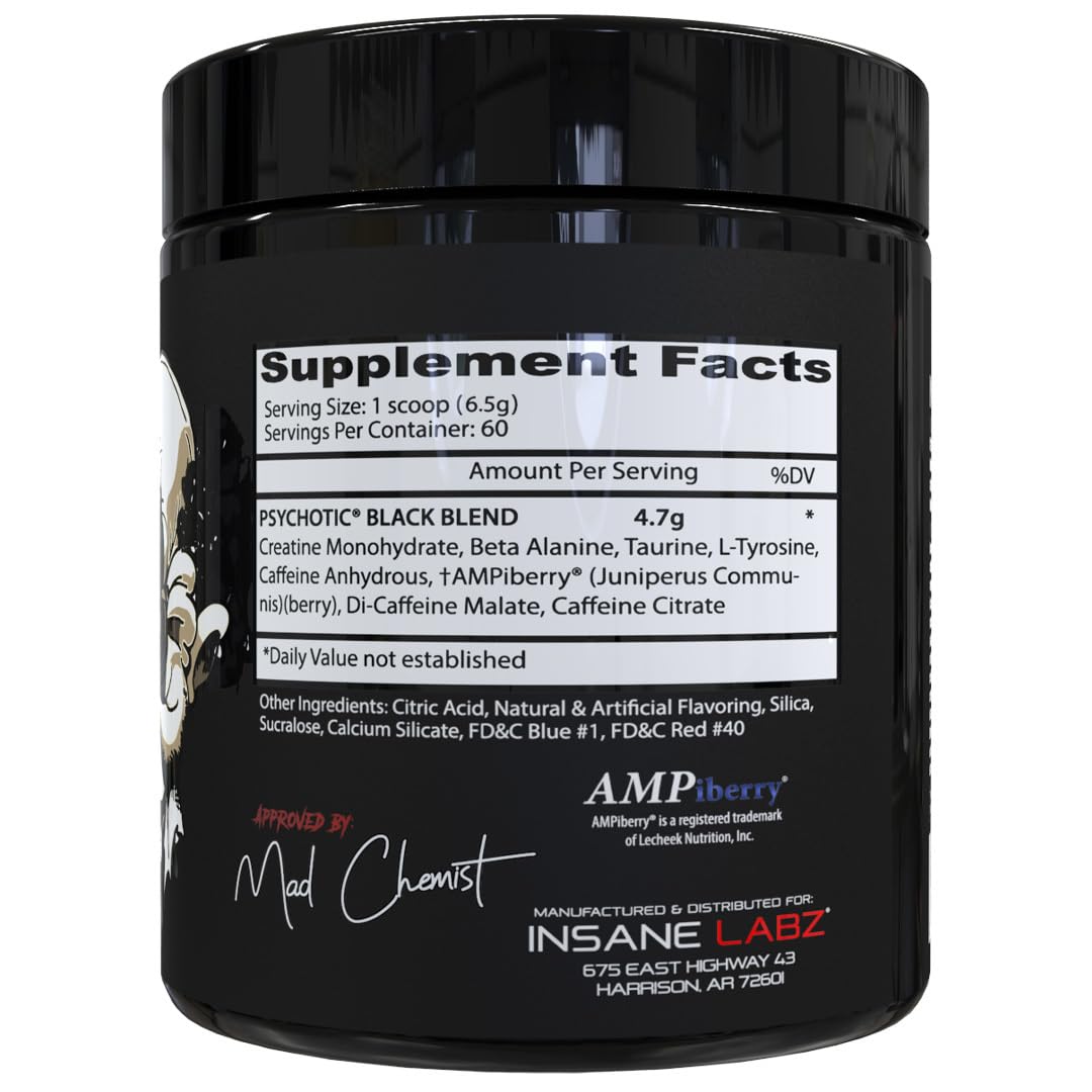 Insane Labz Psychotic Black Edition Mid Stimulant Pre Workout Powder, Energy Focus Pumps, Loaded with Creatine Beta Alanine Taurine Fueled by AMPiberry, 35 Servings (Blue Raspberry)
