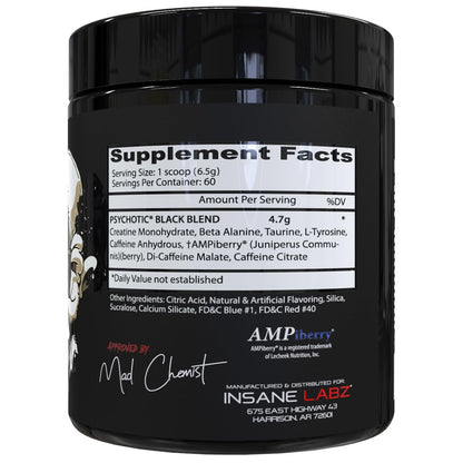 Insane Labz Psychotic Black Edition Mid Stimulant Pre Workout Powder, Energy Focus Pumps, Loaded with Creatine Beta Alanine Taurine Fueled by AMPiberry, 35 Servings (Blue Raspberry)