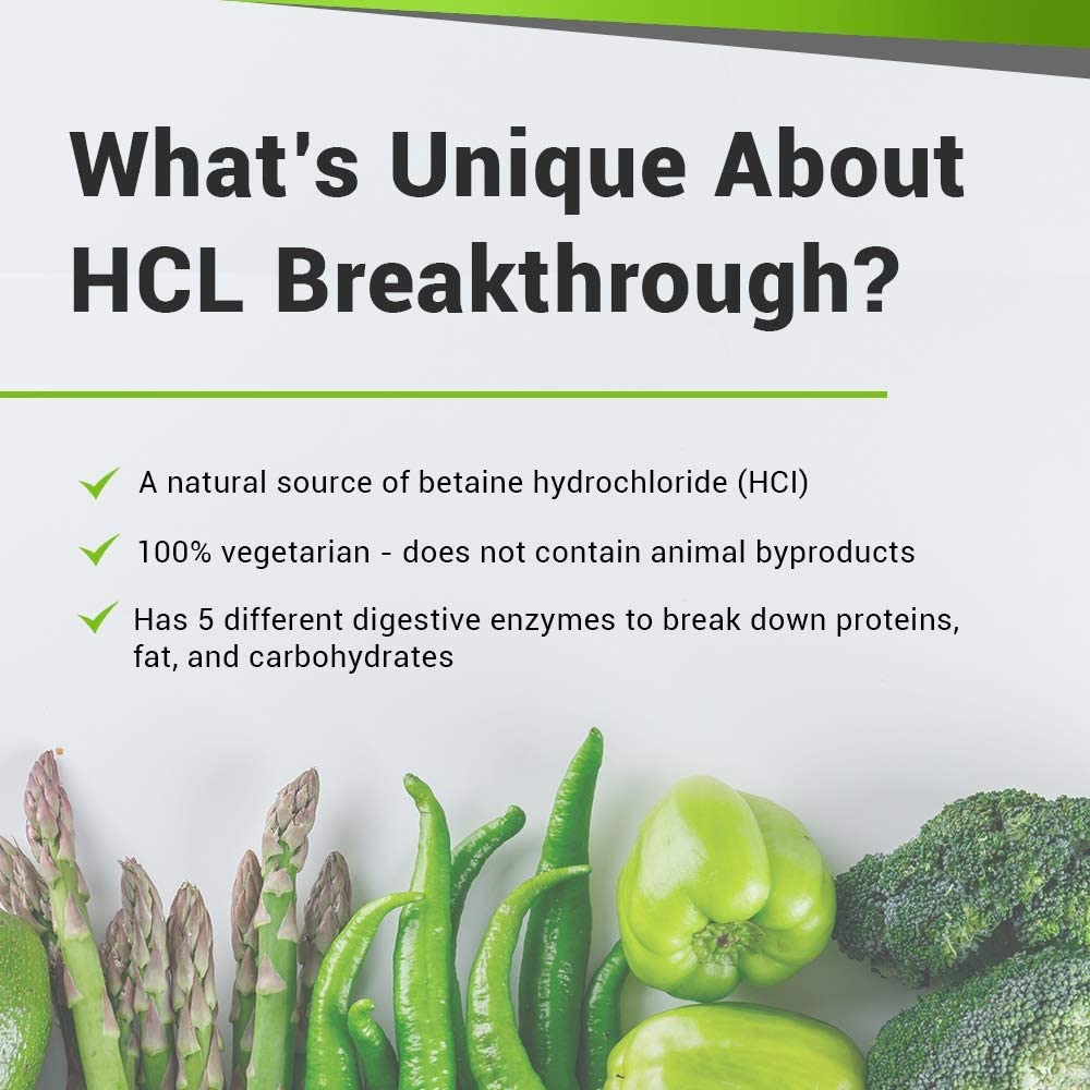 BIOptimizers HCL Breakthrough - Betaine Hydrochloride Enzymes Supplement - Assists with Protein Breakdown and Absorption - Helps Gas and Heartburn Relief BIOptimizers