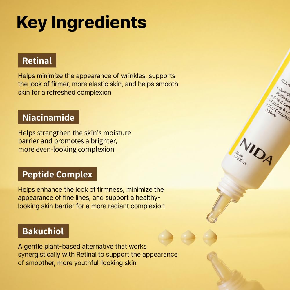 NIDA Revive Eye Cream For Face And Neck | Probiotics Lystate Solution, Retinal, Peptide Complex, Bakuchiol | Wrinkles, Fine Lines, Cell Turnover, Firm Skin Texture, Radiant Skin | 1.35 fl. oz., 40ml NIDA