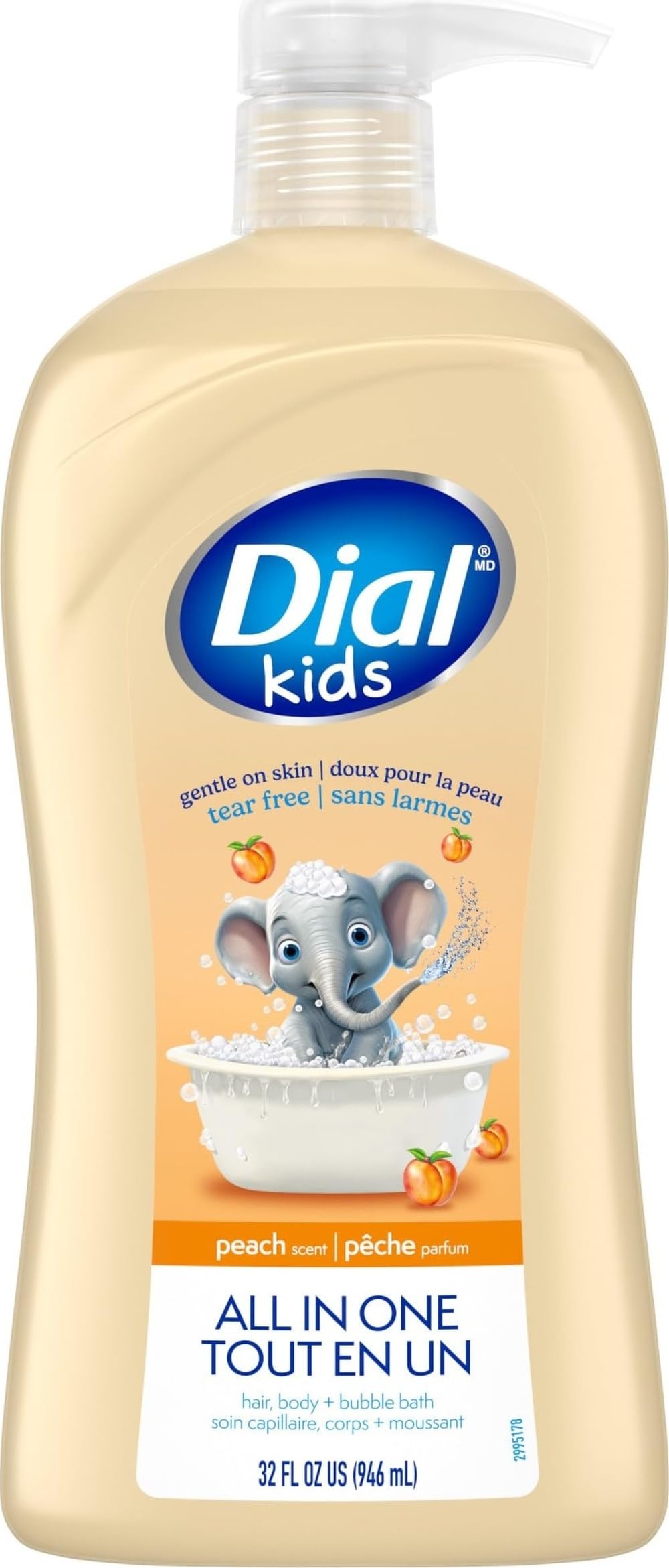 Dial Kids All-in-1 Body + Hair + Bubble Bath, Peach Scent, 32 Fl Oz, Hypoallergenic Body Wash & Shampoo, No Tears Formula for Kids 2+ Years, No Parabens & Silicones Dial