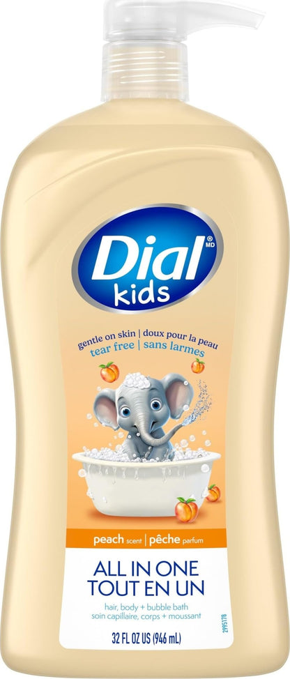 Dial Kids All-in-1 Body + Hair + Bubble Bath, Peach Scent, 32 Fl Oz, Hypoallergenic Body Wash & Shampoo, No Tears Formula for Kids 2+ Years, No Parabens & Silicones Dial