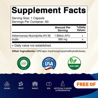Vitamatic Akkermansia Muciniphila Gut Health - 60 DR Capsules (Delayed Released) - Made with Prebiotic Inulin Fiber Vitamatic