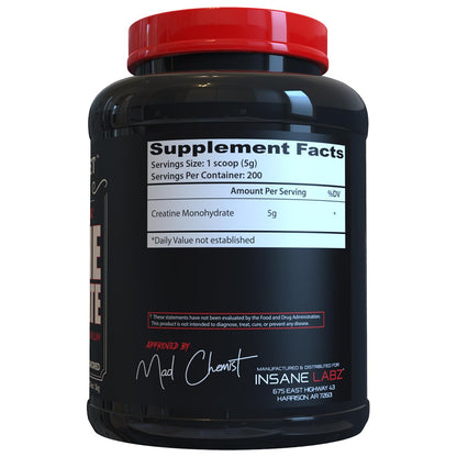 Insane Labz Creatine Monohydrate - Unflavored, Supports Increased Strength, Size and Power, 5g Per Serving, 60 Servings