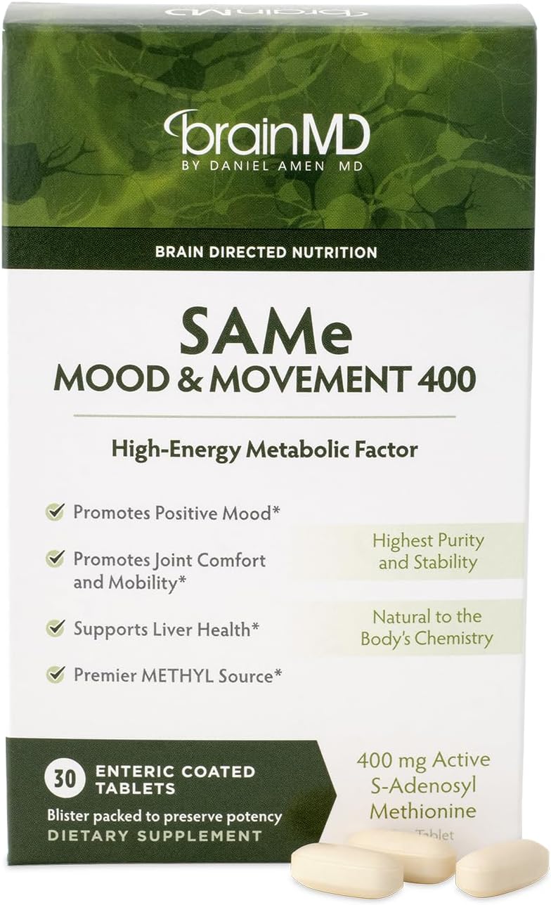 BRAINMD Dr Amen SAMe Mood & Movement 400 - 30 Tablets - Promotes Emotional Balance, Liver Health, Joint Comfort & Mobility - Gluten Free - 30 Servings