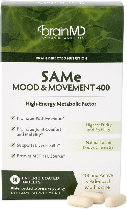 BRAINMD Dr Amen SAMe Mood & Movement 400 - 30 Tablets - Promotes Emotional Balance, Liver Health, Joint Comfort & Mobility - Gluten Free - 30 Servings