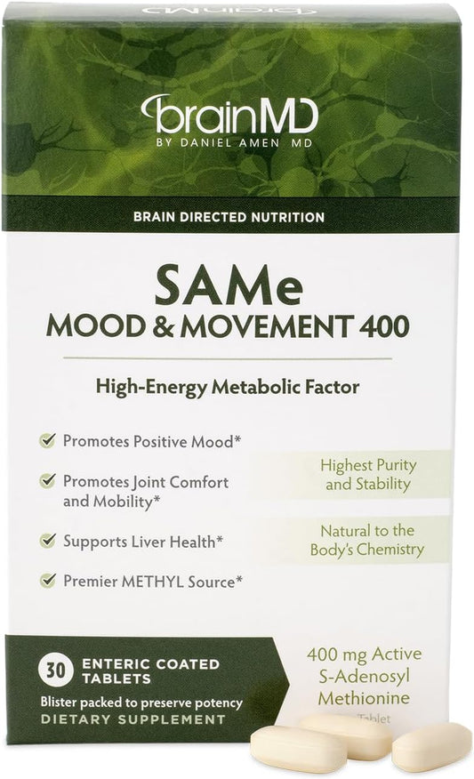 BRAINMD Dr Amen SAMe Mood & Movement 400 - 30 Tablets - Promotes Emotional Balance, Liver Health, Joint Comfort & Mobility - Gluten Free - 30 Servings