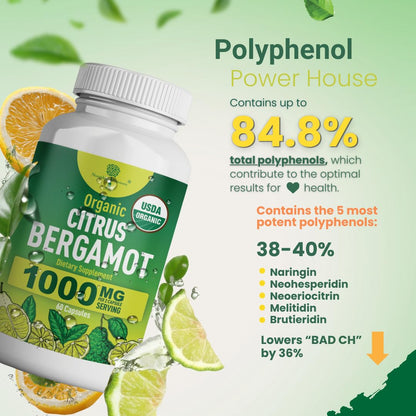 Organic Citrus Bergamot Supplement - Only USDA, Cardiologist Formulated with 200+ Scientific Studies -1000mg - Patented Extract, Heart, Cholesterol, Nourishing Nutrients