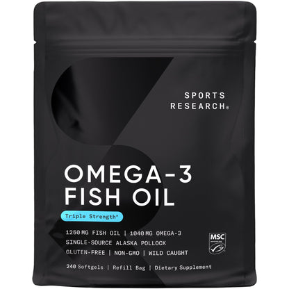 Sports Research® Omega-3 Fish Oil 1250mg from Wild Alaska Pollock, 90 Count | Always Fresh Never Fishy | 690mg EPA 260mg DHA per Softgel · Heart & Brain Health* · MSC Certified Sustainable - 90 Servings Gsupps Australia