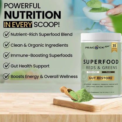 Superfood Reds & Greens Powder - 11.64 oz, Prebiotics & Probiotics for Digestive Health, Super Greens Powder with Ashwagandha for Gut Health, Immunity, Antioxidants, Peacock Max