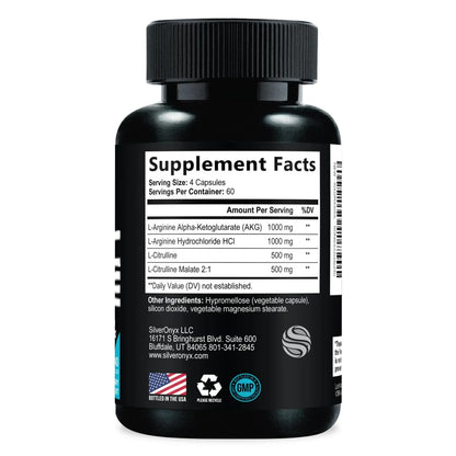 Extra Strength Nitric Oxide Booster - 3X Strength L-Arginine AKG & Citrulline Malate - Men & Women Premium Pre Workout Nitric Booster - Natural Energy & Muscle Support SILVERONYX