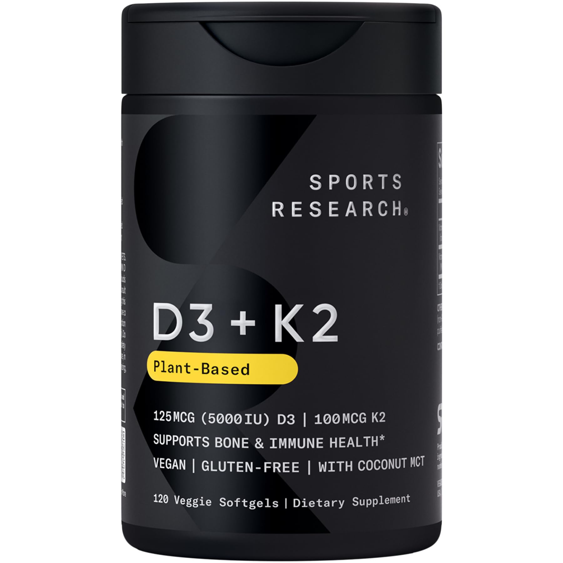 Sports Research® Vegan Vitamin D3 + K2 w/Coconut Oil, 60 Count Plantgels™ | Plant-Based Vitamin D 5000iu/125mcg & Soy-Free Vitamin K 100mcg for Bone & Immune Support - Vegan Certified · Non-GMO Gsupps Australia