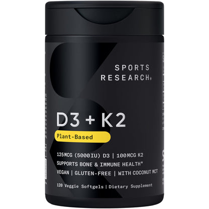 Sports Research® Vegan Vitamin D3 + K2 w/Coconut Oil, 60 Count Plantgels™ | Plant-Based Vitamin D 5000iu/125mcg & Soy-Free Vitamin K 100mcg for Bone & Immune Support - Vegan Certified · Non-GMO Gsupps Australia