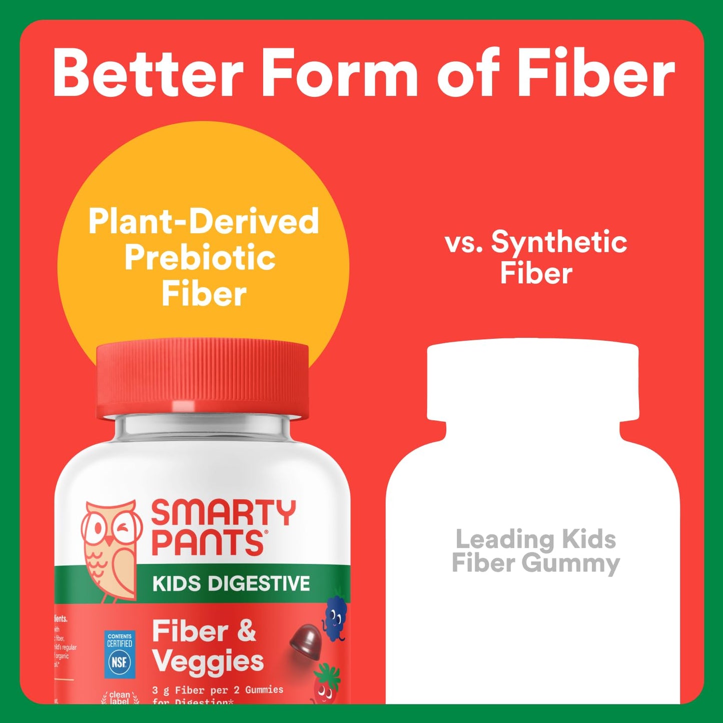 SmartyPants Kids Fiber & Veggies: Prebiotic Fiber Gummies for Kids, Fiber Supplement with Inulin, Organic Green Veggie Blend, Vegan, Gluten Free SmartyPants