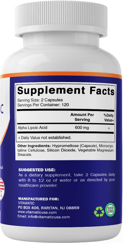 Vitamatic Alpha Lipoic Acid (ALA) 600mg Per Serving - 240 Vegetable Capsules - 120 Servings - Non-GMO & Gluten Free Vitamatic