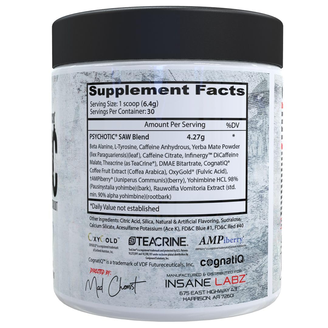 Insane Labz Psychotic Saw, High Stim Pre Workout Powder with OxyGold™ and AMPiberry®,Extreme Lasting Energy with Teacrine®,Focus with CognitIQ® and Endurance (30 Servings, Watermelon)