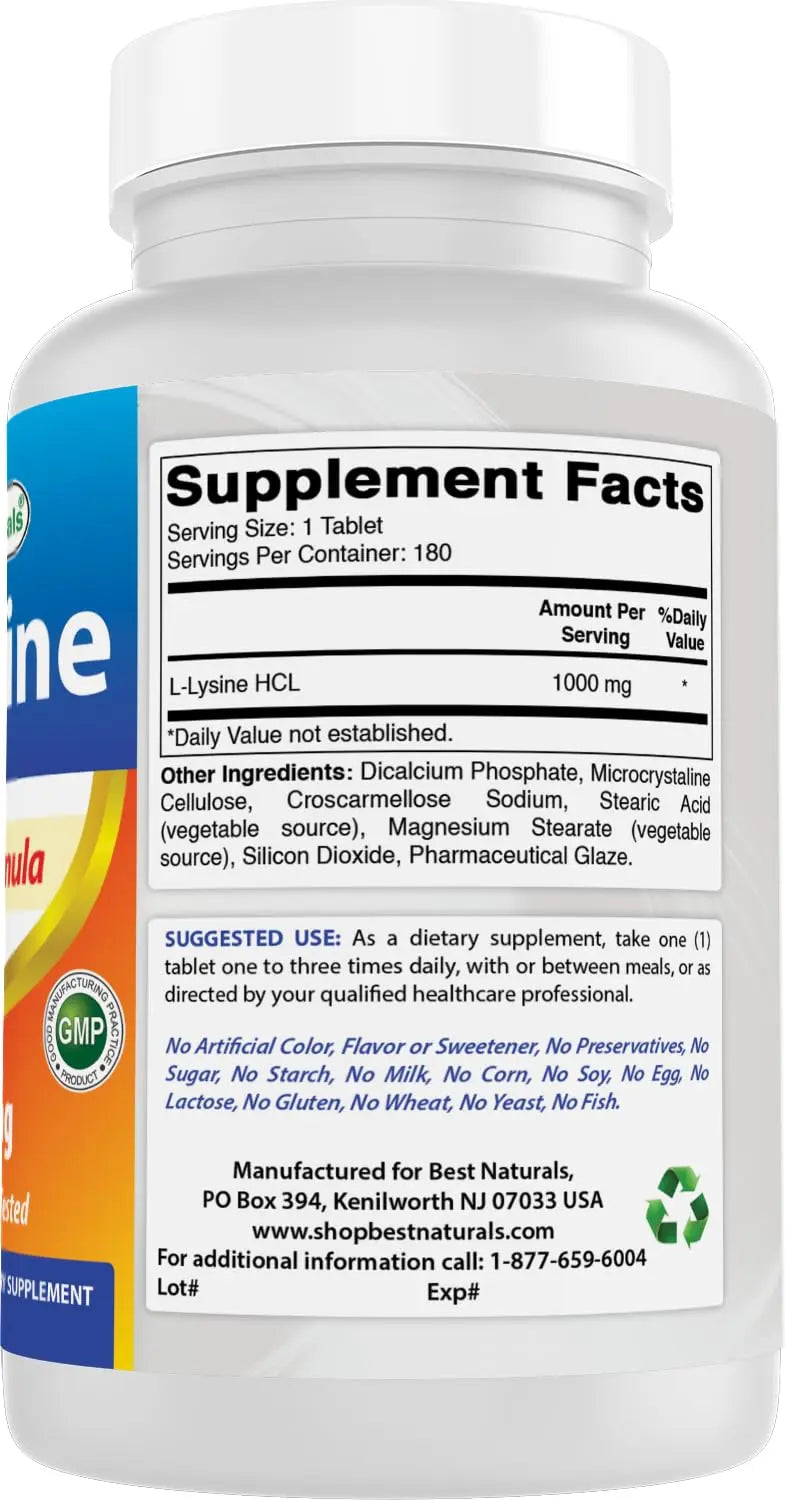 Best Naturals L-Lysine 1000mg 180 Tablets - Double Strength Lysine for stronger immune health & cold sores Best Naturals