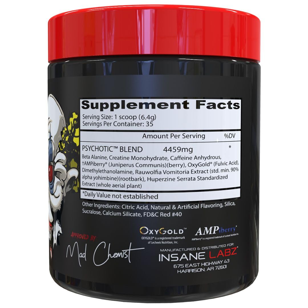 Insane Labz Psychotic, High Stimulant Pre Workout Powder, Extreme Lasting Energy, Focus and Endurance with Beta Alanine, Creatine Monohydrate DMAE, 35 Srvgs (Fruit Punch)