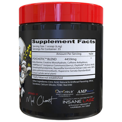 Insane Labz Psychotic, High Stimulant Pre Workout Powder, Extreme Lasting Energy, Focus and Endurance with Beta Alanine, Creatine Monohydrate DMAE, 35 Srvgs (Fruit Punch)