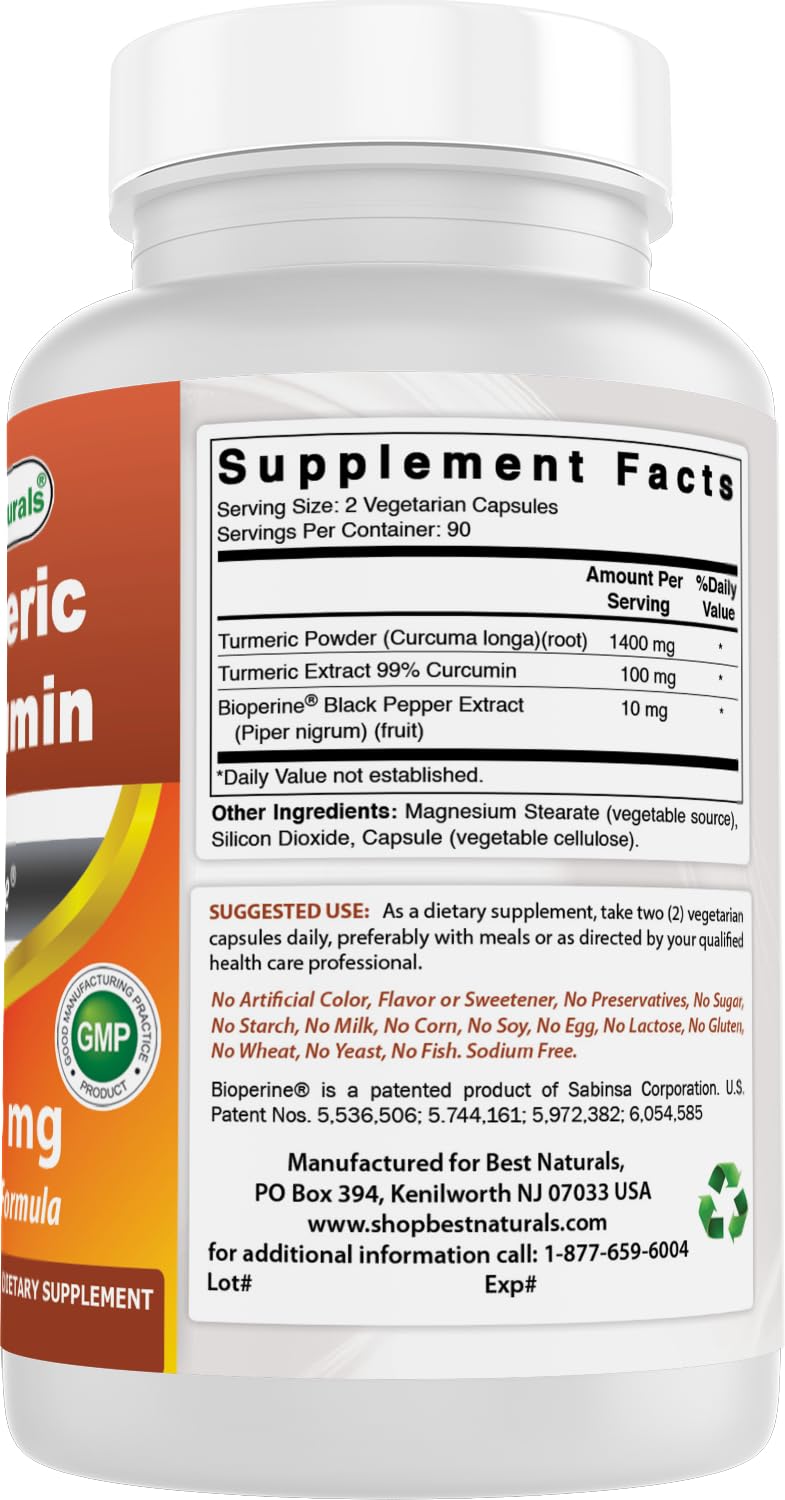 Best Naturals Turmeric Curcumin 1500mg/Serving with Bioperine - 180 Veggie Capsules Best Naturals