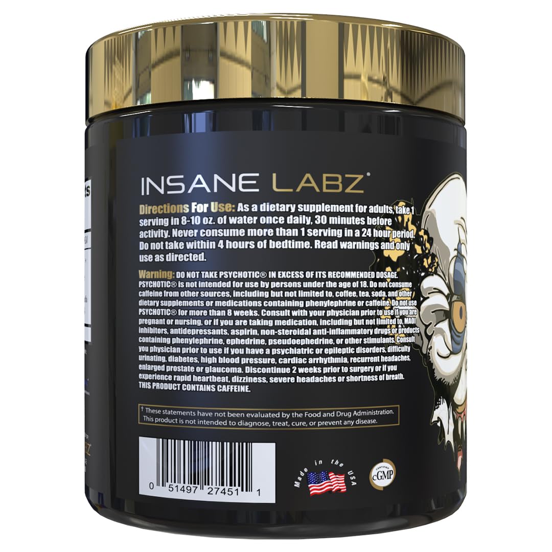 Insane Labz Psychotic Gold, High Stimulant Pre Workout Powder, Extreme Lasting Energy Focus, Pumps and Endurance with Beta Alanine, DMAE Bitartrate, NO Booster (35 Servings, Watermelon)