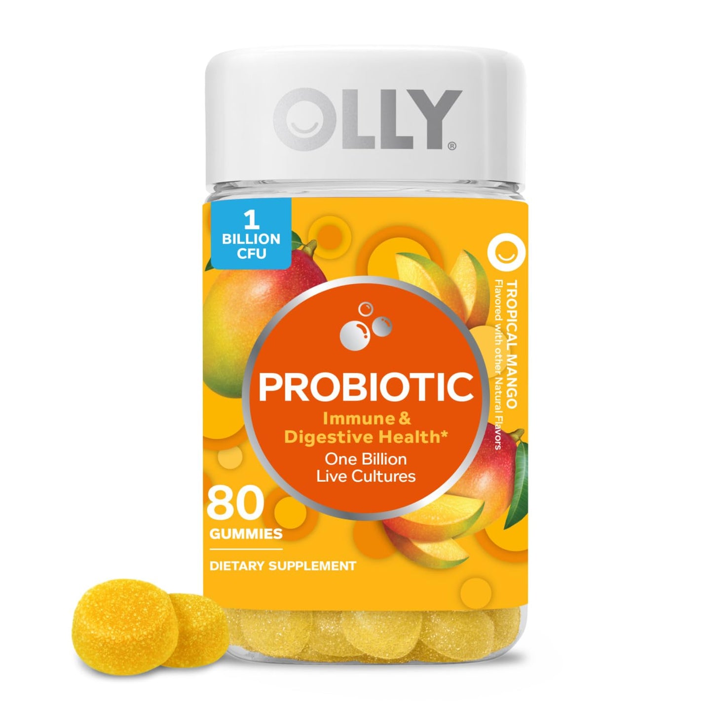 OLLY Probiotic Gummy, 1 Billion CFUs, Immune and Digestive Support, Chewable Probiotic Supplement, Mango, 80 Count OLLY