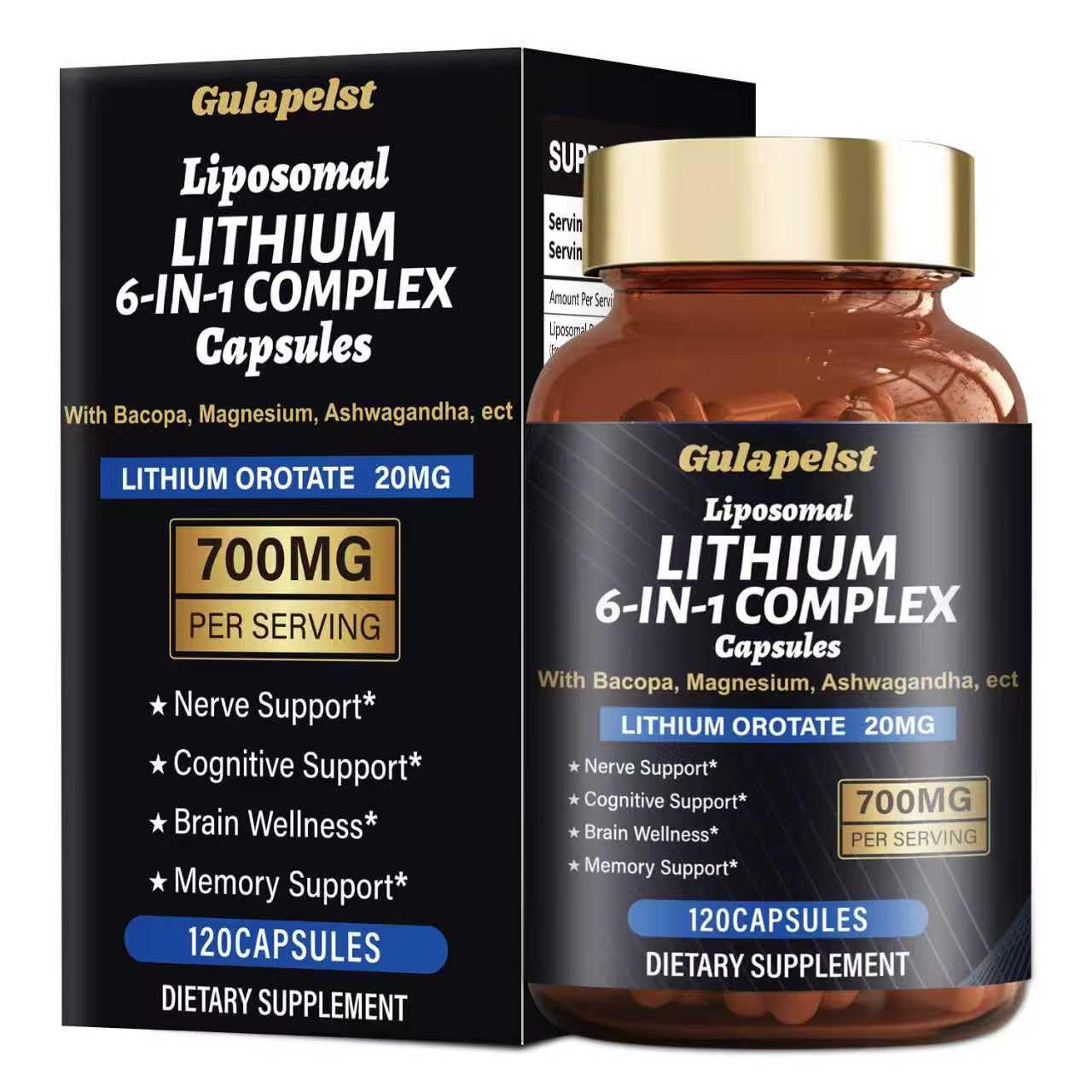 Lisopomal Lithium Orotate Complex Capsules, Lithium Orotate 20 mg, Magnesium Glycinate & Ashwagandha, Brain Health Supplements for Cognitive, Mood & Memory Gulapelst