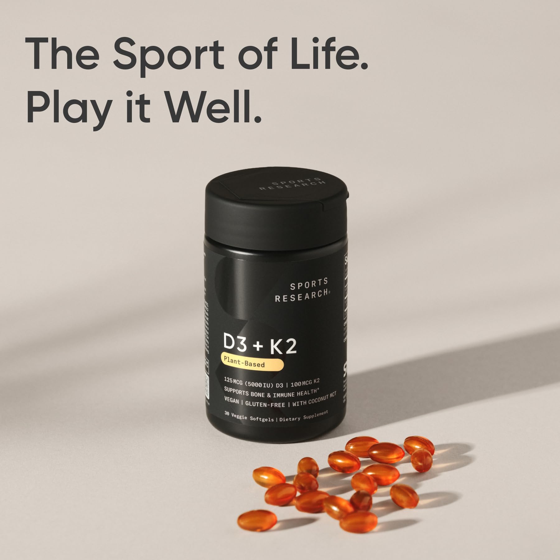 Sports Research® Vegan Vitamin D3 + K2 w/Coconut Oil, 60 Count Plantgels™ | Plant-Based Vitamin D 5000iu/125mcg & Soy-Free Vitamin K 100mcg for Bone & Immune Support - Vegan Certified · Non-GMO Gsupps Australia