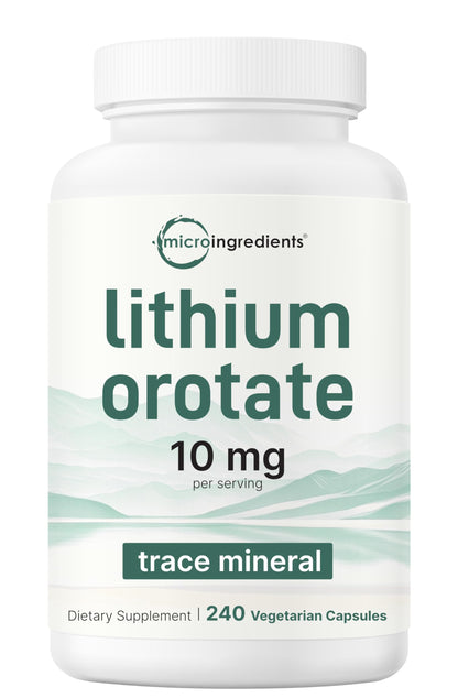 Lithium Orotate 10mg, 240 Veggie Capsules | 5mg Per Capsules | High Bioavailability Trace Mineral | Healthy Aging, Brain Supplement Micro Ingredients