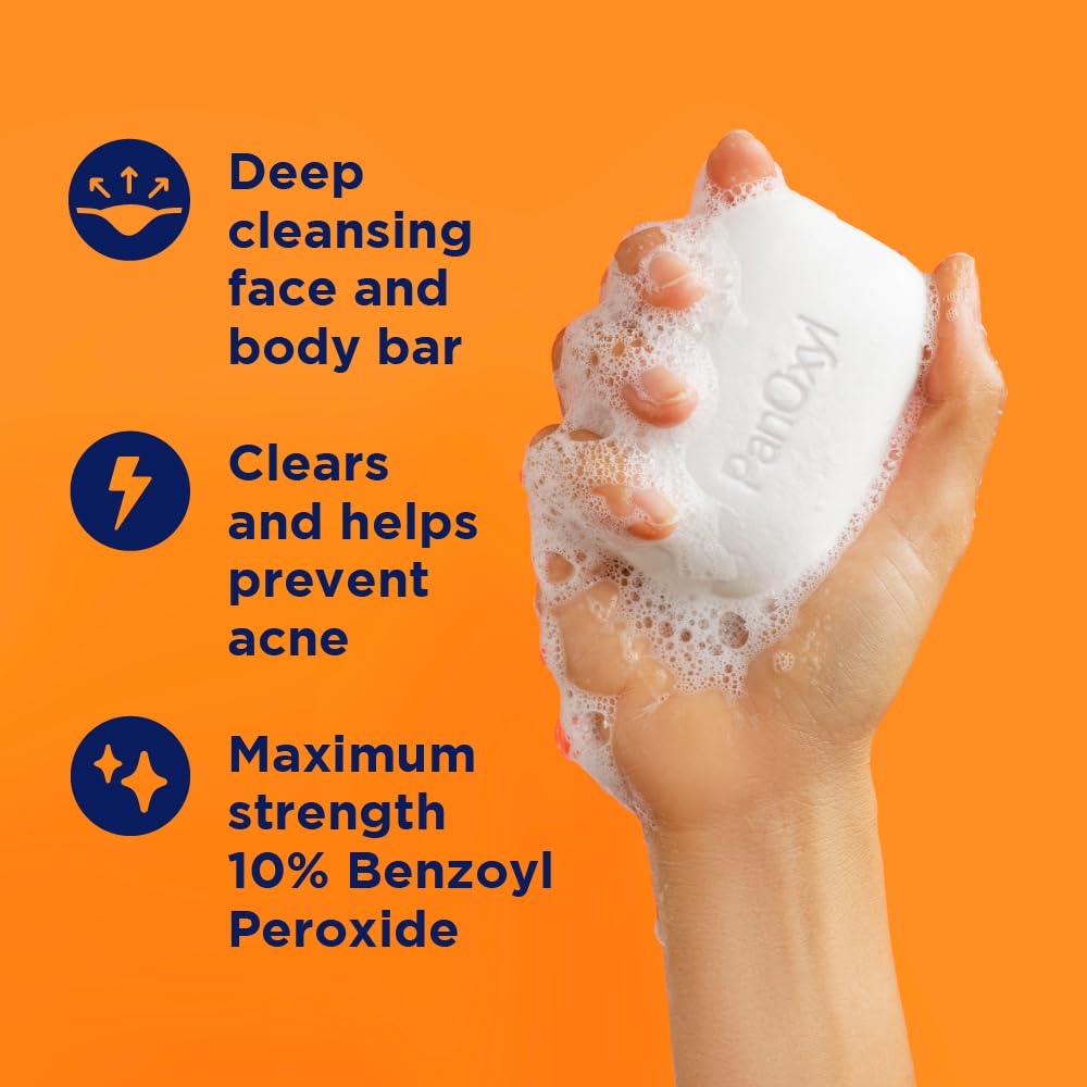 PanOxyl Acne Treatment Bar with 10% Benzoyl Peroxide, Maximum Strength Bar Soap for Face, Chest and Back, Benzoyl Peroxide Soap Body Wash, Vegan, For Acne Prone Skin, 4 oz PanOxyl