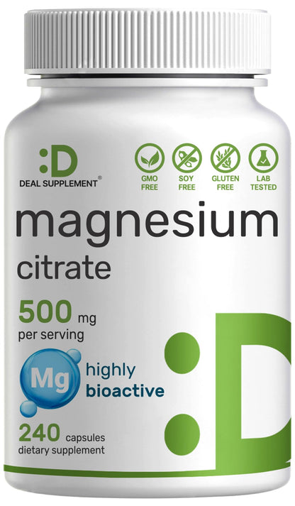DEAL SUPPLEMENT Magnesium Citrate 500mg, 240 Capsules | Easily Absorbed, Purified Trace Mineral – One a Day, Non-GMO DEAL SUPPLEMENT