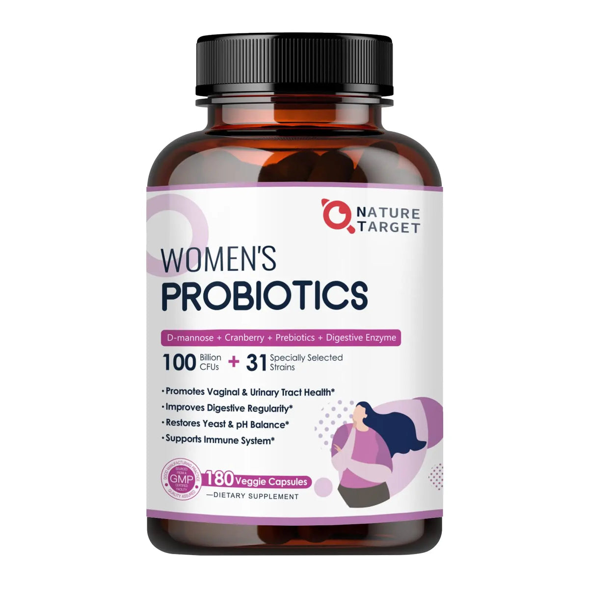 NATURE TARGET Probiotics for Women, 100 Billion CFUs Probiotic with Digestive Enzymes & Prebiotics, Vaginal Probiotics with Cranberry for Urinary Tract Health, NATURE TARGET