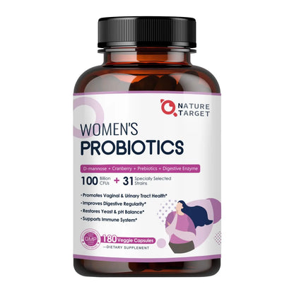 NATURE TARGET Probiotics for Women, 100 Billion CFUs Probiotic with Digestive Enzymes & Prebiotics, Vaginal Probiotics with Cranberry for Urinary Tract Health, NATURE TARGET