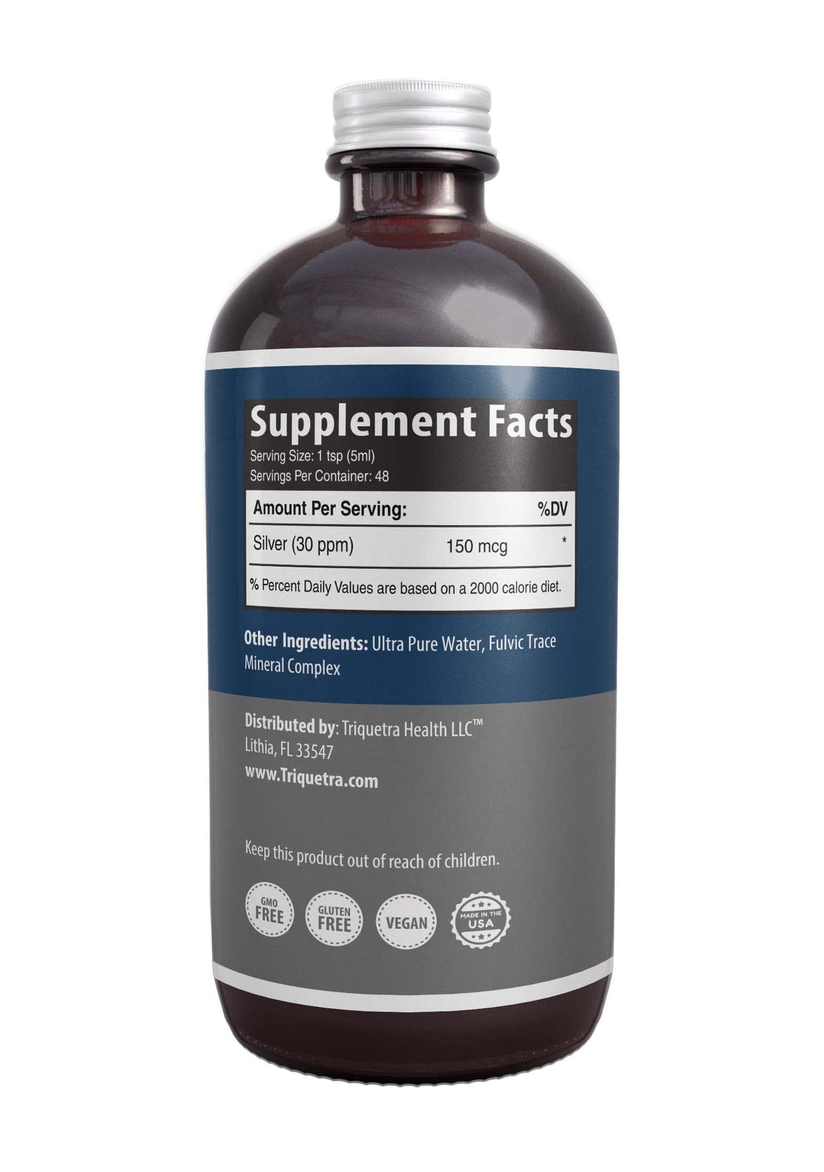Bioactive Colloidal Silver - 8 oz, Glass Bottle, Vegan, Safe Doses with Highest Effectiveness - Nano Ions, 30 PPM - Immune Support (48 Servings) Triquetra Health