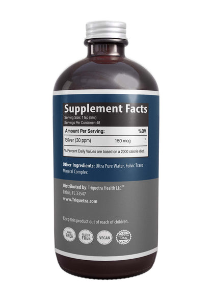 Bioactive Colloidal Silver - 8 oz, Glass Bottle, Vegan, Safe Doses with Highest Effectiveness - Nano Ions, 30 PPM - Immune Support (48 Servings) Triquetra Health