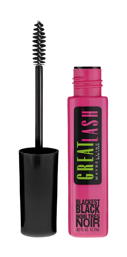 Maybelline Great Lash Washable Mascara Makeup, Volumizing Lash-Doubling Formula That Conditions As It Thickens, Blackest Black, 1 Count MAYBELLINE