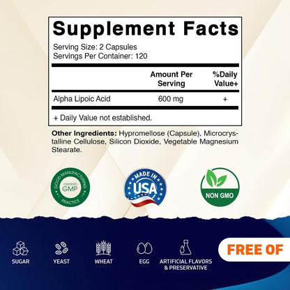 Vitamatic Alpha Lipoic Acid (ALA) 600mg Per Serving - 240 Vegetable Capsules - 120 Servings - Non-GMO & Gluten Free Vitamatic