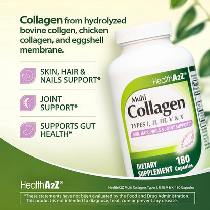 HealthA2Z Multi Collagen pills 1735mg -180 collagen capsules (60 servings) - Types I, II, III, V & X for Healthy Skin, Hair, Nails & Joint Support NutraA2Z