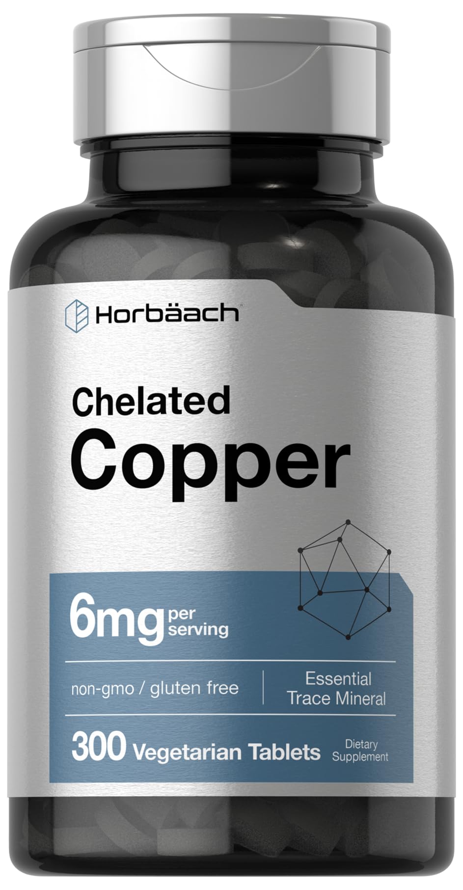 Horbäach Chelated Copper Supplement 6mg | 300 Tablets | Essential Trace Mineral | Vegetarian, Non-GMO, Gluten Free Horbäach