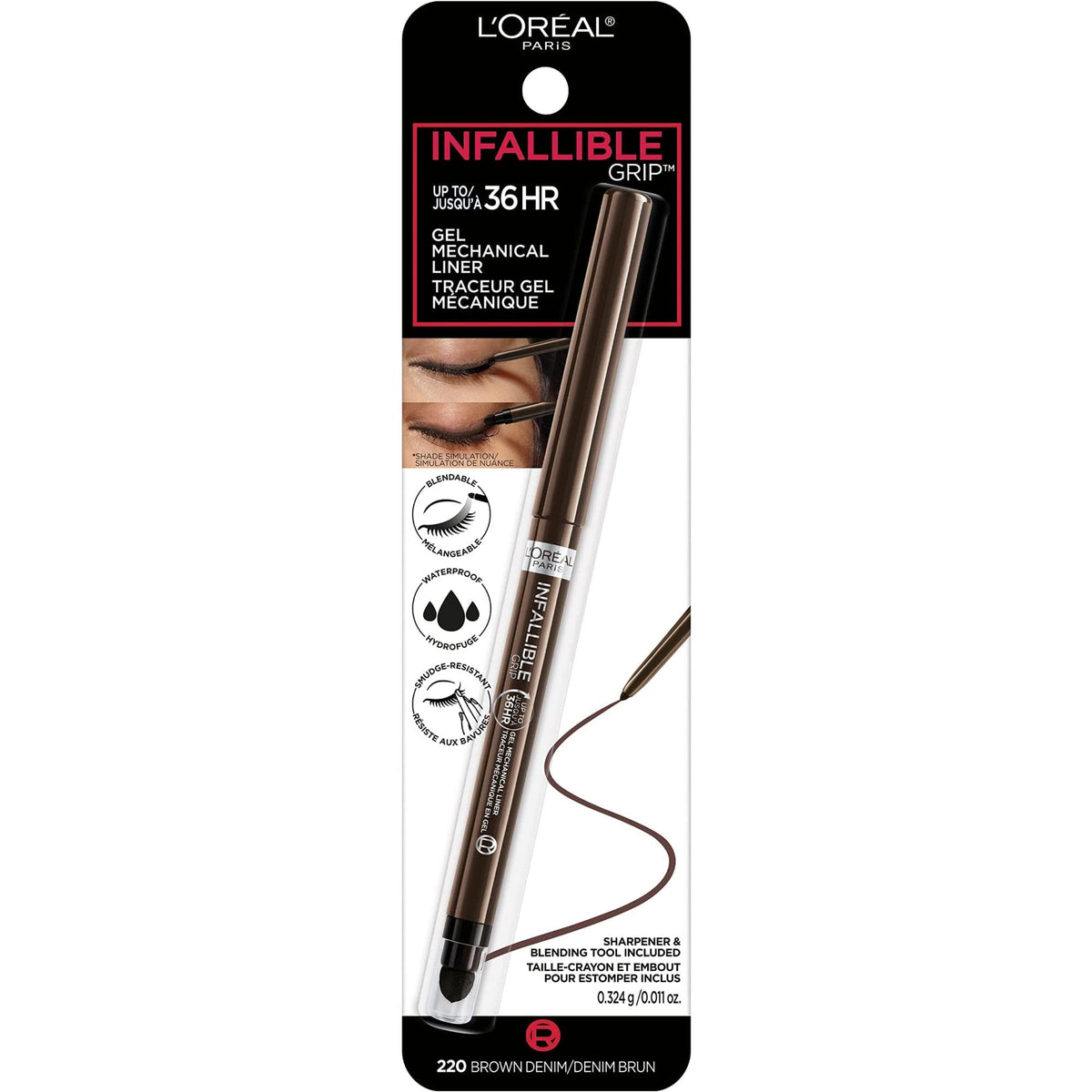 L'Oreal Paris Infallible Grip Mechanical Gel Eyeliner Pencil, Smudge-Resistant, Waterproof Eye Makeup with Up to 36HR Wear, Brown Denim, 0.01 Oz L'Oreal Paris