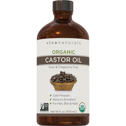 Viva Naturals Organic Castor Oil, Cold-Pressed, 16 fl oz – For Face, Hair, Eyelashes, USDA Organic, Non-GMO - With Beauty Kit Gsupps Australia