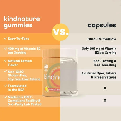 kindnature Vitamin B2 Gummies - Riboflavin 400mg Supplement for Kids & Adults - Non-GMO, Soy & Gluten-Free, Vegan Chewable Gummies (30 Day Supply) (2) kindnature