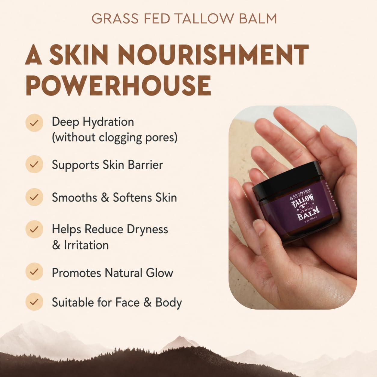 Ancestral Supplements Tallow Balm with Collagen – Grass Fed Beef Tallow Balm for Face & Body – Whipped Tallow Moisturizer Rich in Vitamins A, D, E & K – Essential Oil Blend Scent – 2 oz