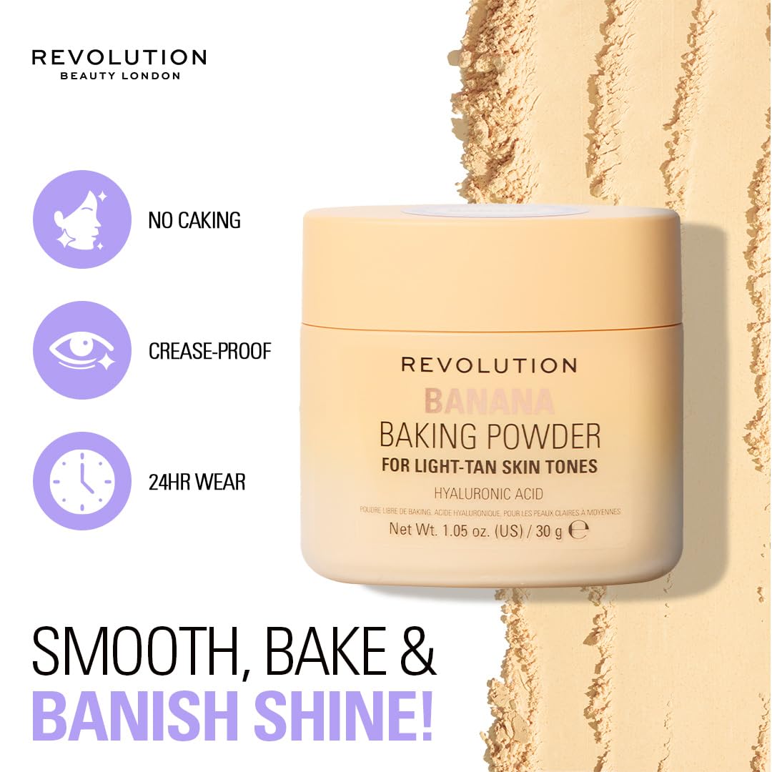 Revolution Beauty, Loose Baking Powder, Makeup Setting Powder, Long Lasting Coverage, Mattifies & Reduces Shine, Banana, 1.12 Oz Makeup Revolution