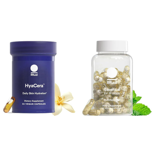 Ritual Hyaluronic Acid and Women's 50+ Multivitamin - HyaCera Helps Reduce Wrinkles, Fine Lines, and Improves Skin Smoothness* - Key Essential Vitamins to Support Menopause - Vegan - 30 Servings