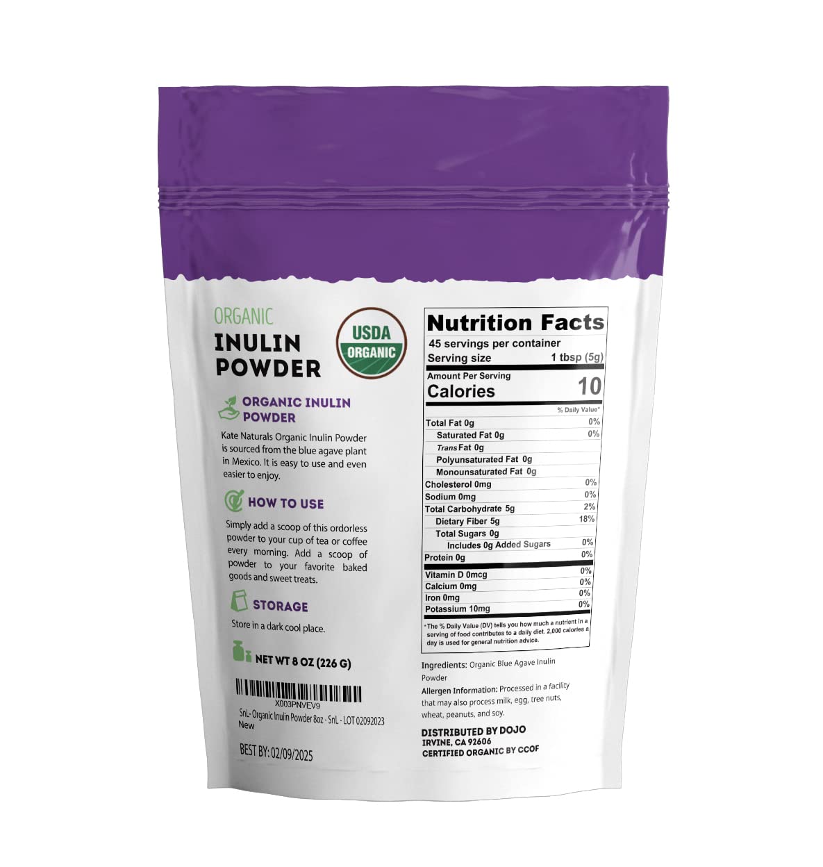 Kate Naturals Inulin Powder Organic from Blue Agave (8oz) Soluble Prebiotic Fiber for Coffee, Yogurt & Smoothies Kate Naturals