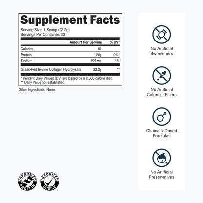 Grass-Fed Collagen Peptides Powder - Unflavored Collagen Powder for Women & Men, 22G Grassfed Bovine Hydrolyzed Collagen Peptides per Serving for Skin, Hair, Bones & Muscle Recovery - 30 Servings