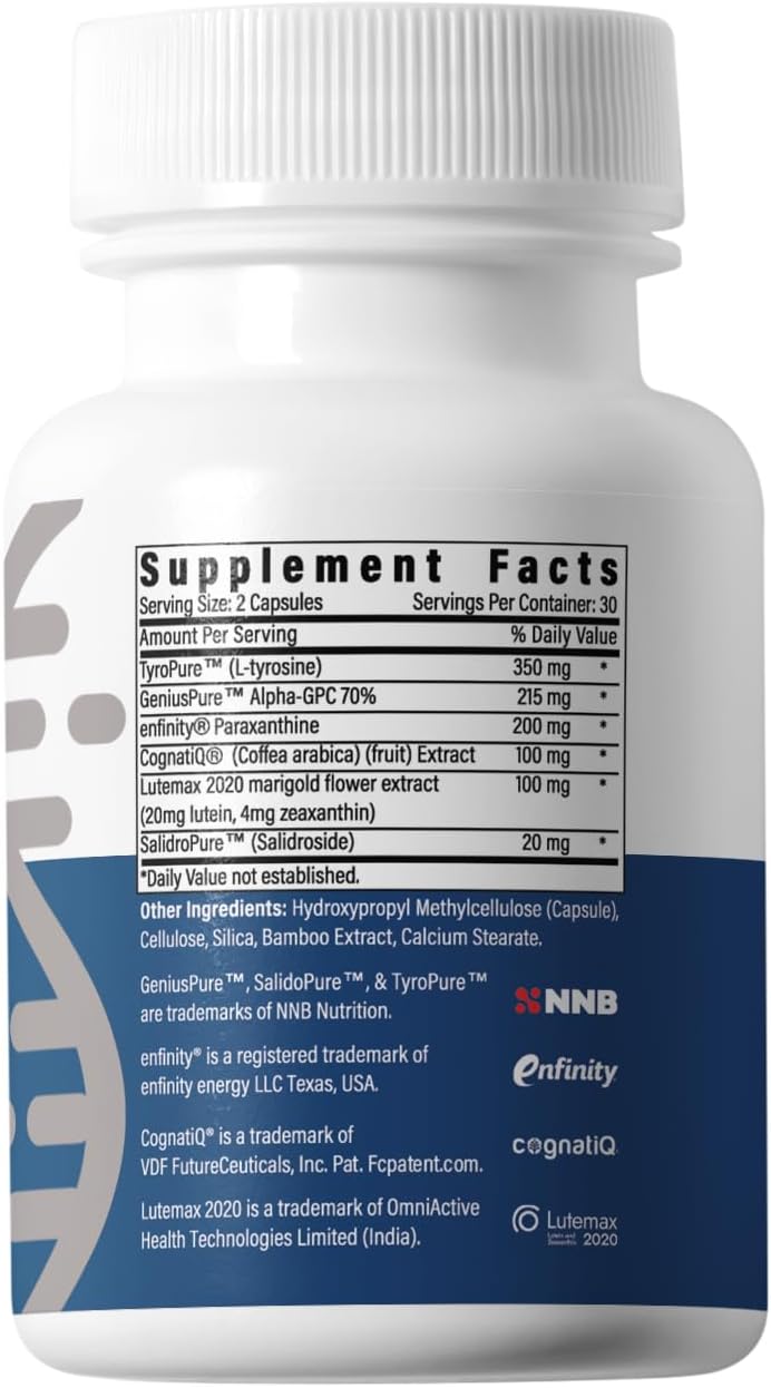 BrainAMP™ Nootropic Energy for Focus, Memory & Clarity | Clean Alertness with Paraxanthine (No Jitters) | Supports Productivity with Alpha-GPC, Tyrosine, CognatIQ, Lutein & Salidroside | 60 Caps