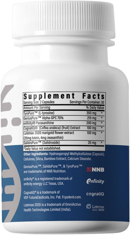 BrainAMP™ Nootropic Energy for Focus, Memory & Clarity | Clean Alertness with Paraxanthine (No Jitters) | Supports Productivity with Alpha-GPC, Tyrosine, CognatIQ, Lutein & Salidroside | 60 Caps