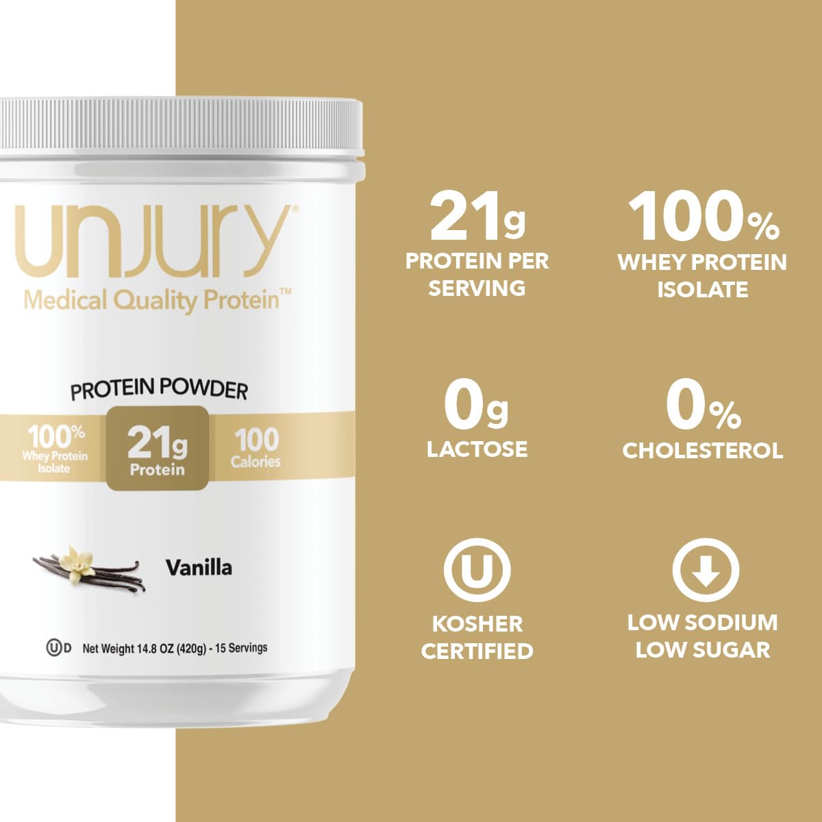 Unjury Whey Protein Powder | Vanilla | 21g 100% Whey Isolate Protein Powder | Low Carb and Lactose Free | Gluten Free | Certified Kosher | 15 Servings Unjury buy australia supplements